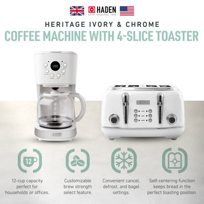 Haden Heritage 4 Slice Wide Slot Toaster & 12 Cup Coffee Maker, Ivory & Chrome