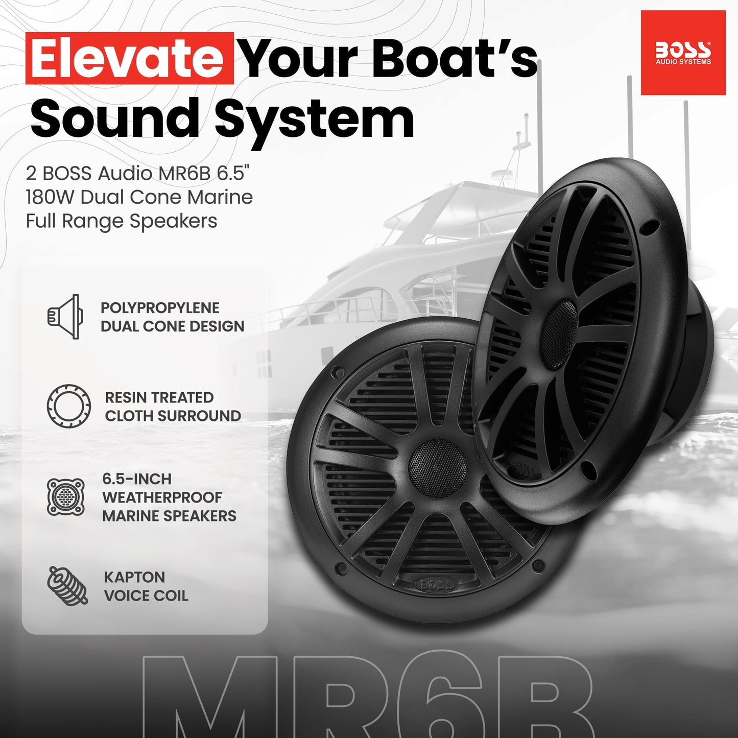 BOSS Audio MR6B 6.5" 180W Dual Cone Marine Full Range Speakers, Black, 1 Pair