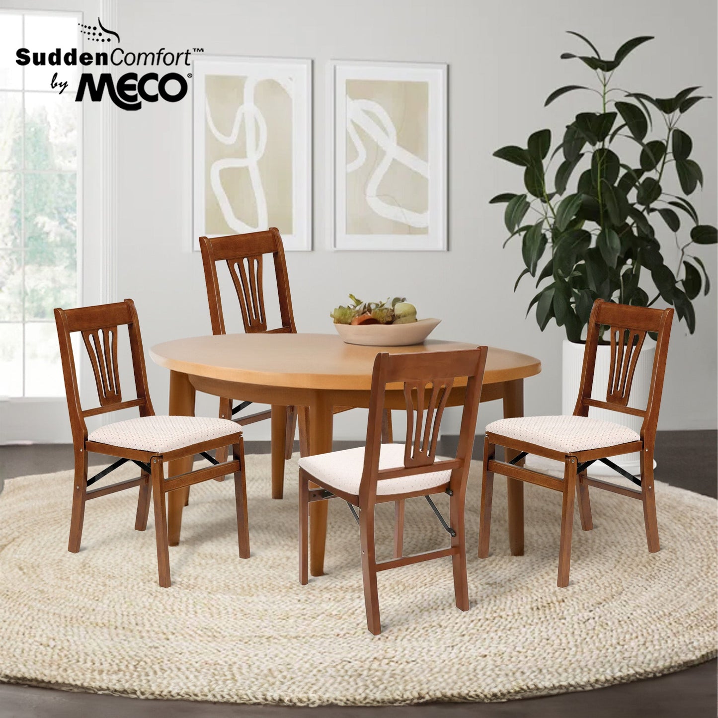 MECO Stakmore Urn Wood Upholstered Seat Folding Chair Set, 4 Pack, Fruitwood