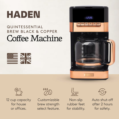 Haden Quintessential 12 Cup Programmable Digital Coffee Maker, Black/Copper
