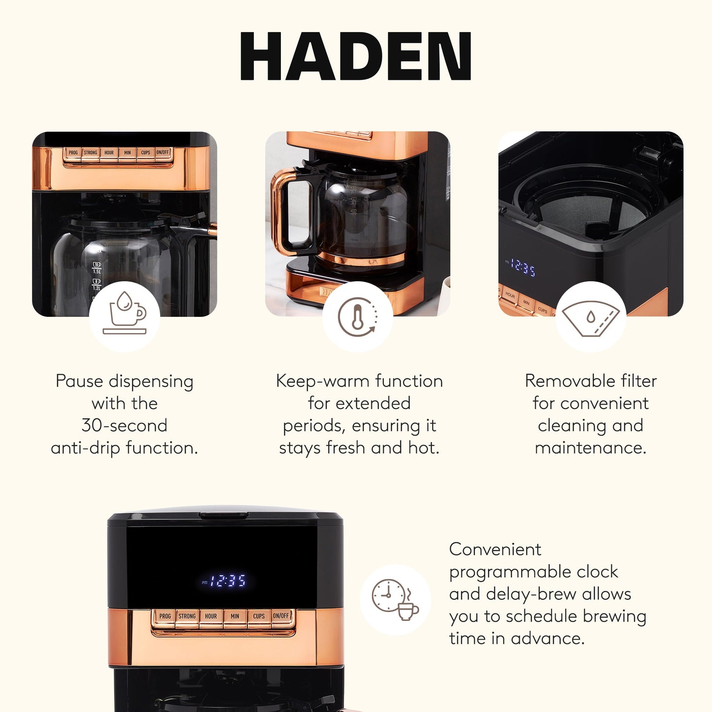 Haden Quintessential 12 Cup Programmable Digital Coffee Maker, Black/Copper