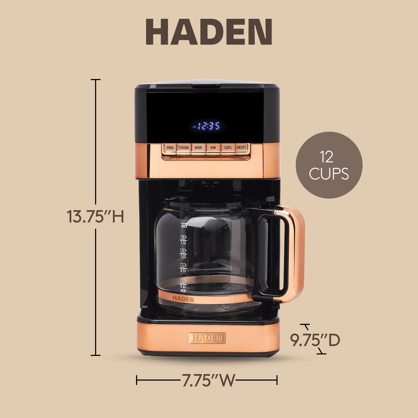 Haden Quintessential 12 Cup Programmable Digital Coffee Maker, Black/Copper