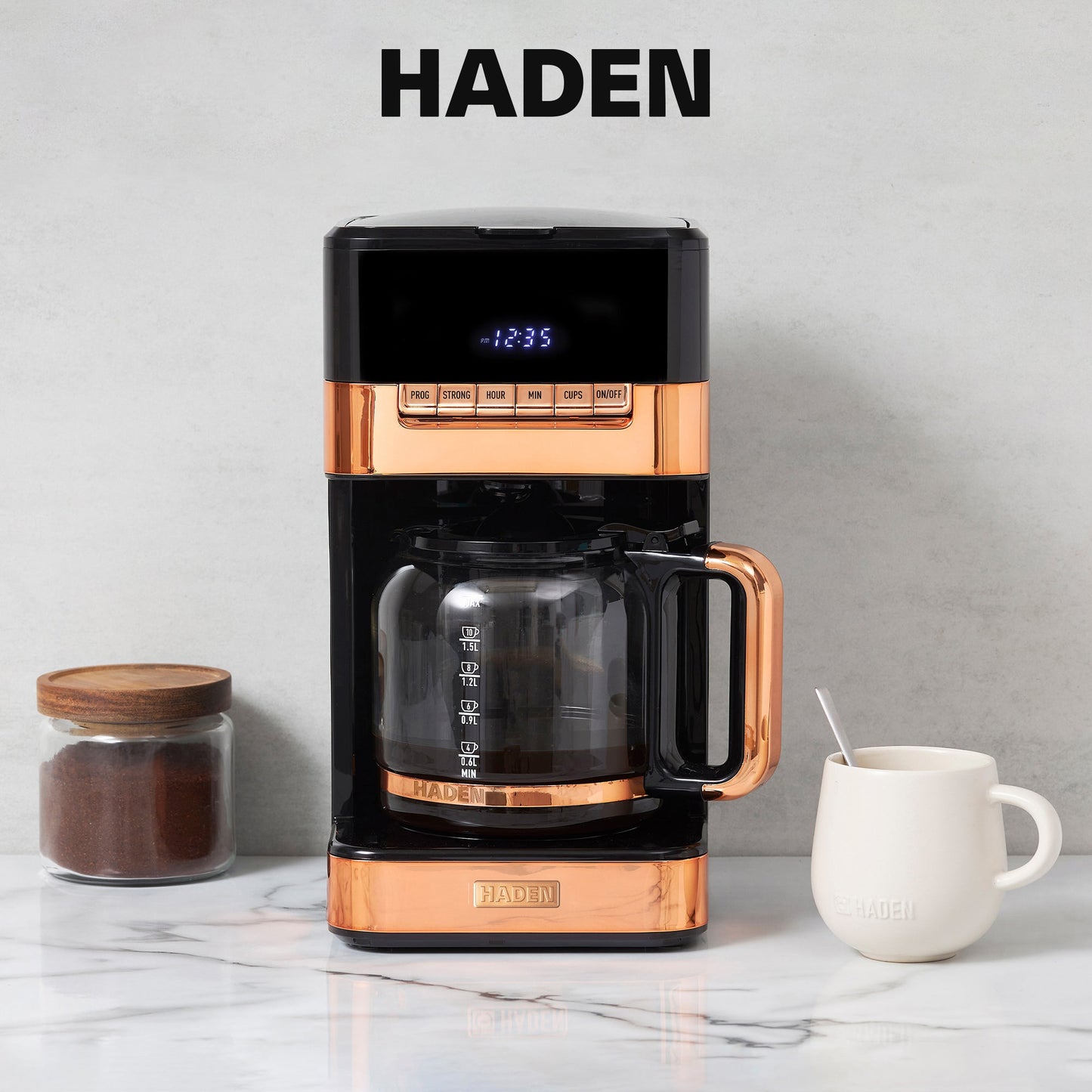 Haden Quintessential 12 Cup Programmable Digital Coffee Maker, Black/Copper
