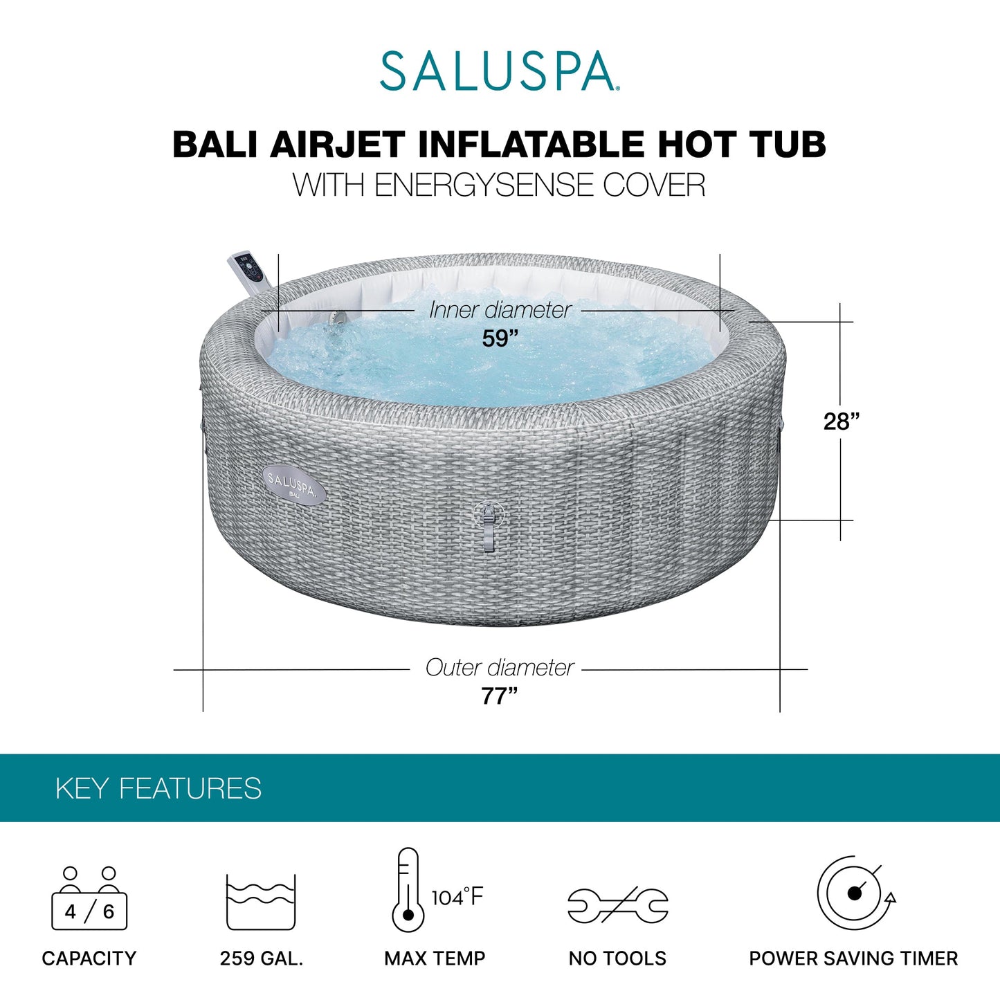 Bestway SaluSpa Bali Smart AirJet Inflatable Hot Tub w/ EnergySense Cover, Gray