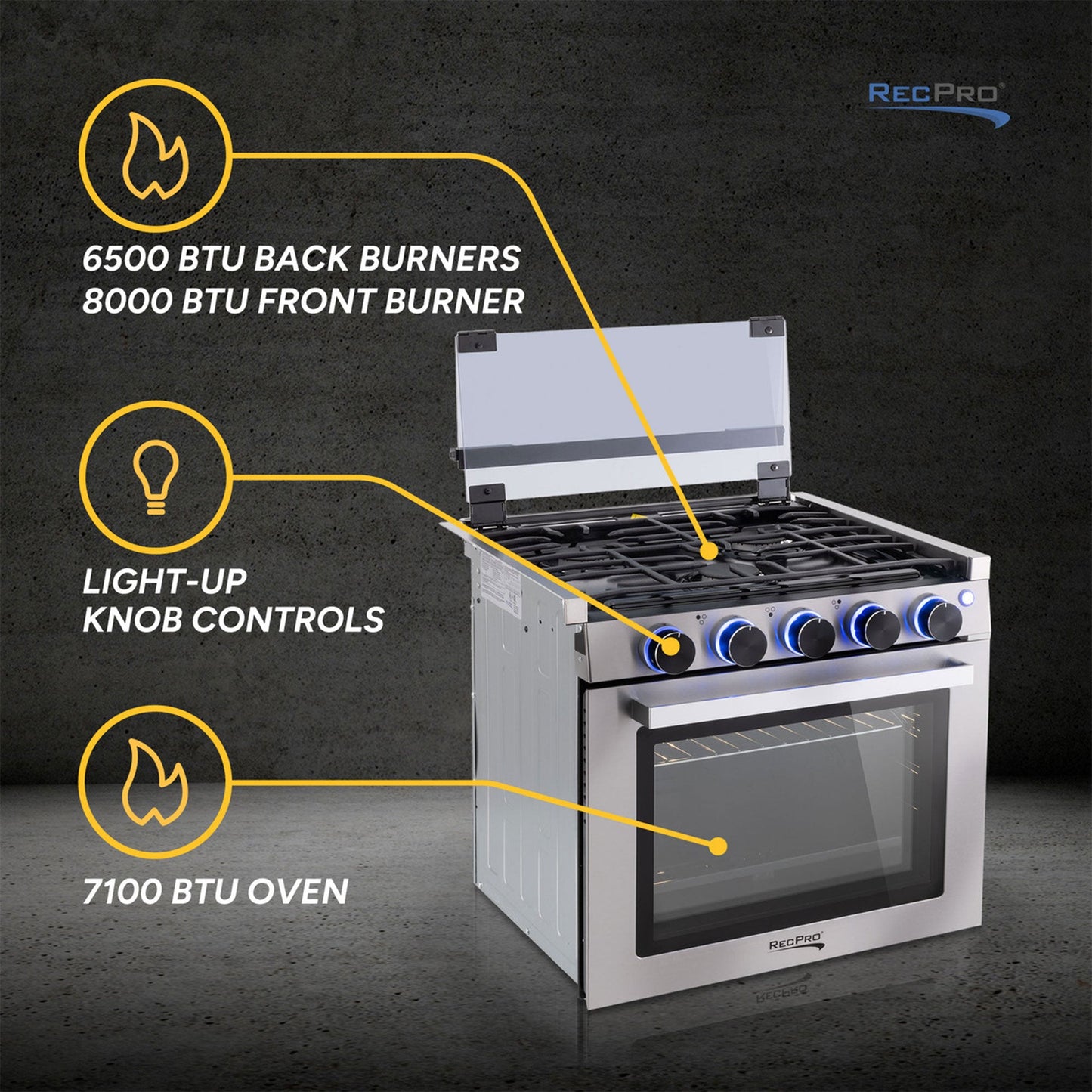 RecPro 21" Tall 3 Burner Propane RV Stove Gas Range without Range Hood, Black