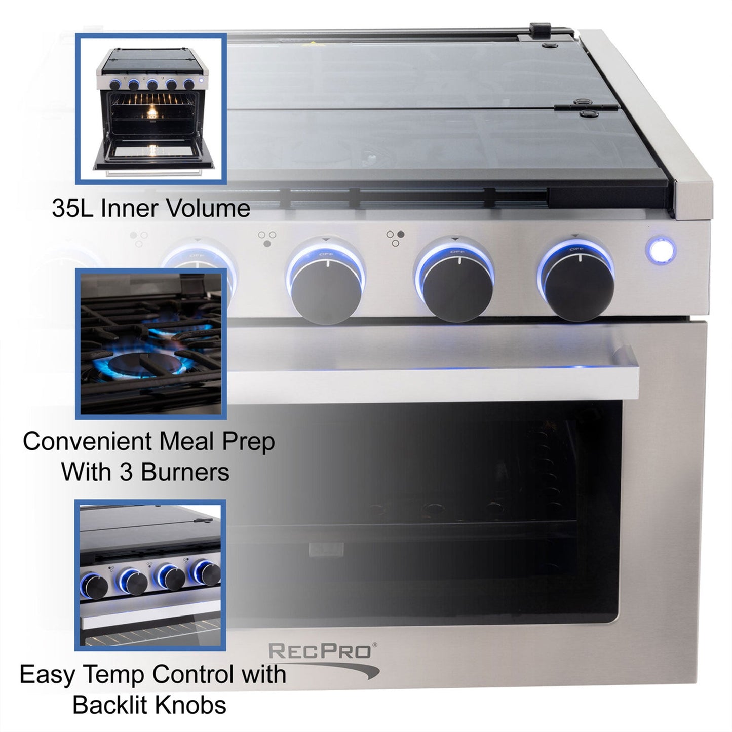 RecPro 21" Tall 3 Burner Propane RV Stove Gas Range without Range Hood, Silver