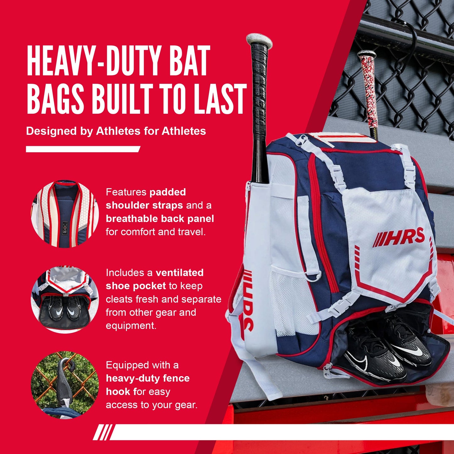 Hit Run Steal Bat Bag Backpack, Holds 4 Bats, Glove, and Helmet, Red/White/Blue