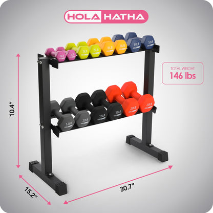 HolaHatha 146 Pound Neoprene Dumbbell Strength Training Weight Set with Rack