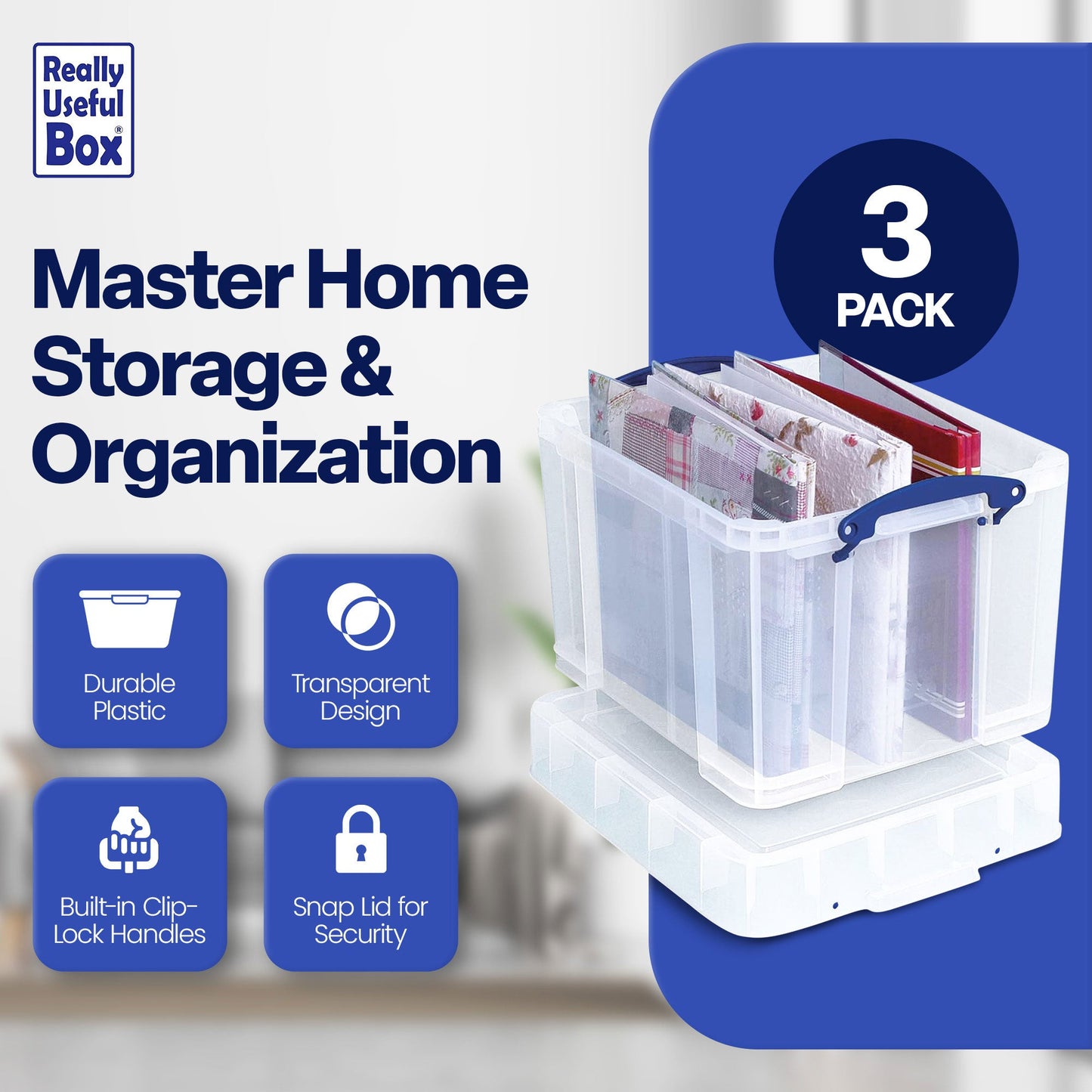 Really Useful Box 35 Liters Transparent Storage Container with Snap Lid, 6 Pack
