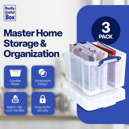 Really Useful Box 35 Liters Transparent Storage Container with Snap Lid, 6 Pack
