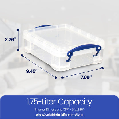 Really Useful Box 1.75L Storage Bin w/Snap Lid & Clip Lock Handle, 8 Pack, Clear