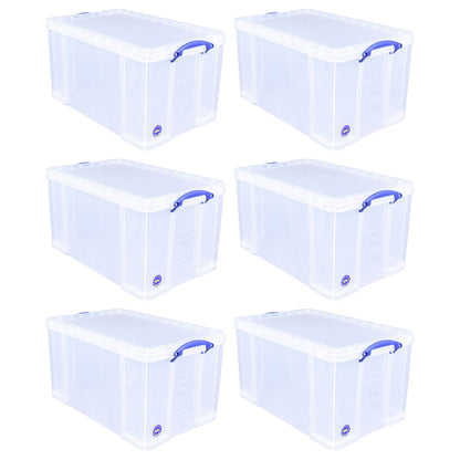 Really Useful Box 84L Storage Bin w/Snap Lid & Clip Lock Handle, 6 Pack, Clear