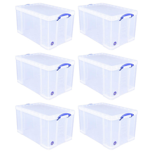 Really Useful Box 84L Storage Bin w/Snap Lid & Clip Lock Handle, 6 Pack, Clear