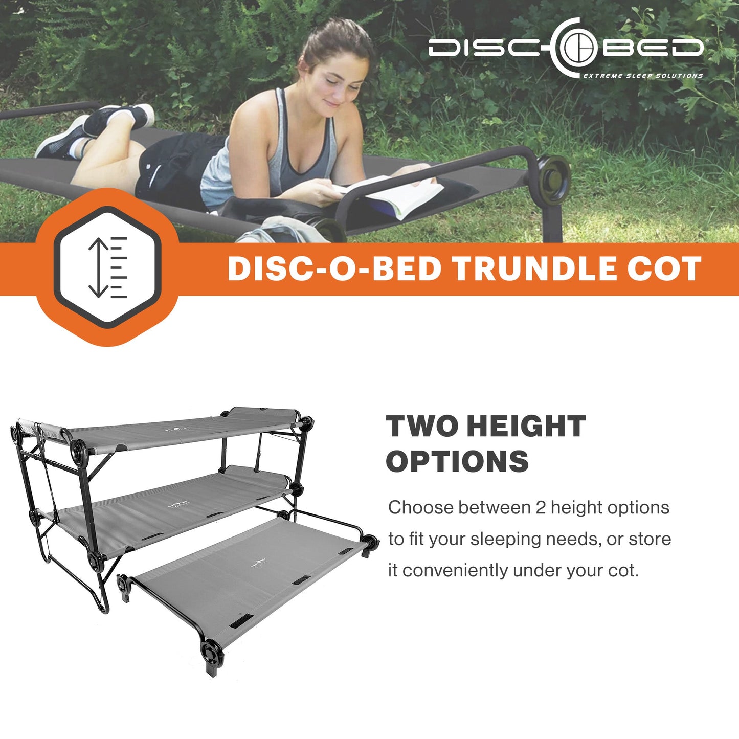 Disc-O-Bed Trundle Cot for XL/2XL Bunk Systems, Foldable and Adjustable, Grey