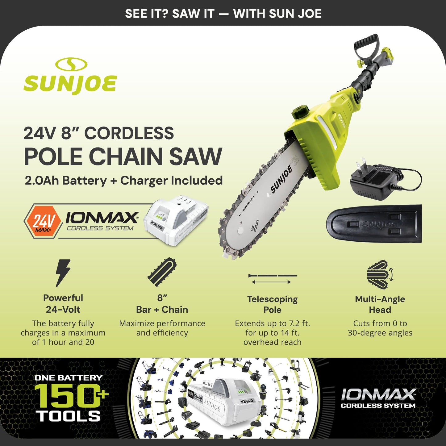 Sun Joe 24V Cordless Pole Chainsaw Electric Telescope Tree Trimmer, 24V-PS8-LTE