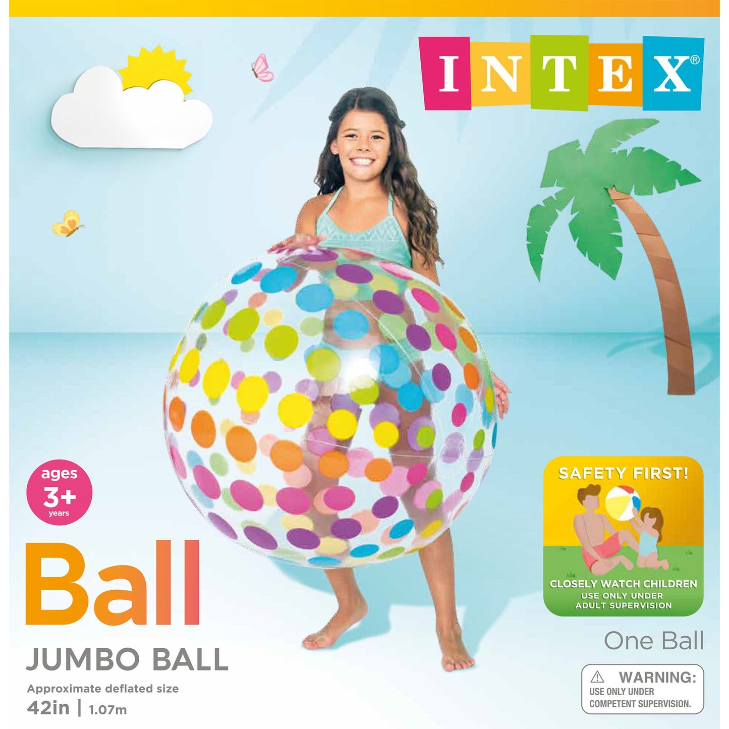 Intex Jumbo Inflatable Colorful Transparent PVC Giant Beach Ball, Color Varies