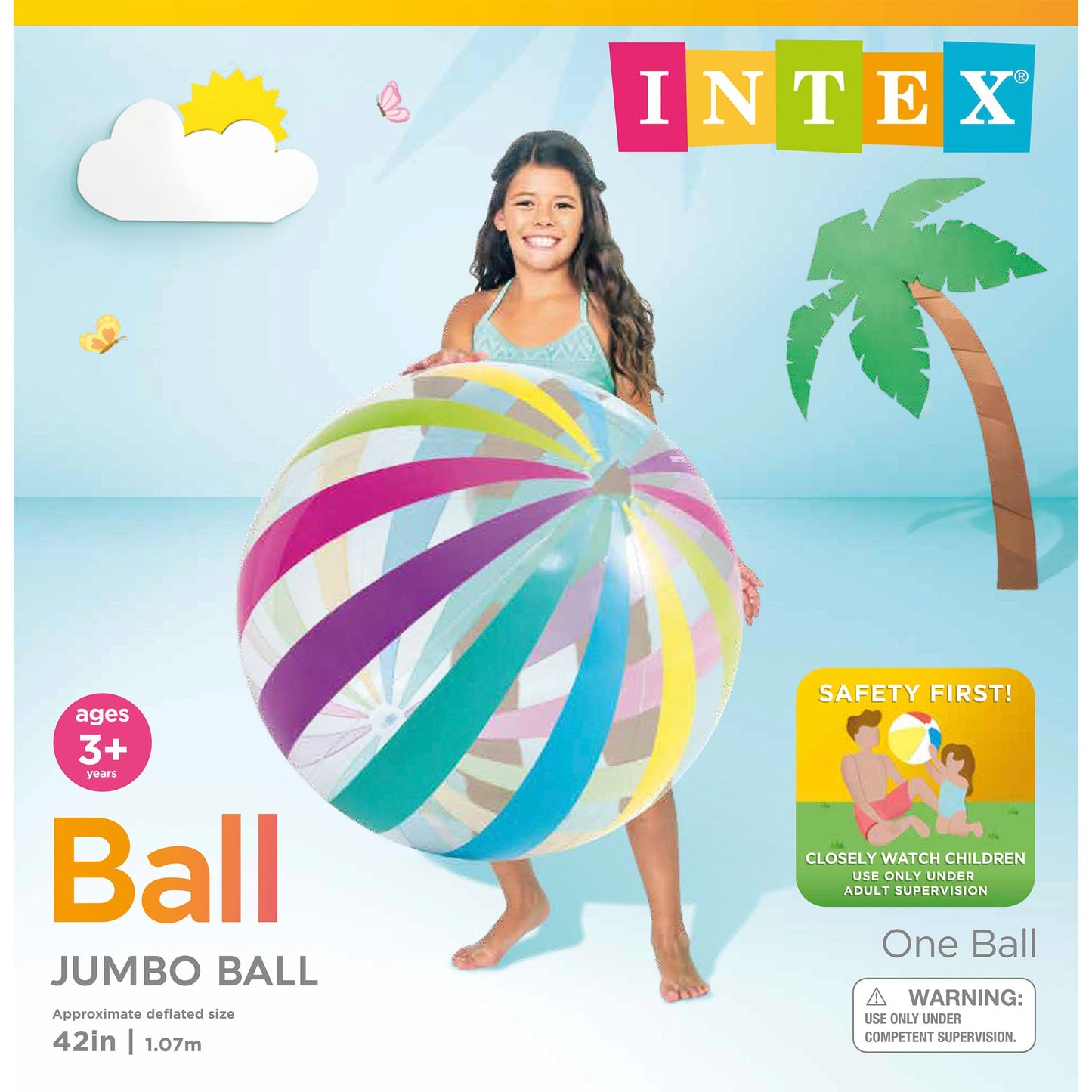 Intex Jumbo Inflatable Colorful Transparent PVC Giant Beach Ball, Color Varies