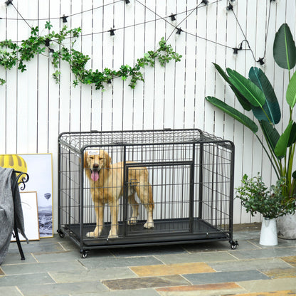 Folding Design Heavy Duty Metal Dog Cage Crate & Kennel with Removable Tray and Cover, & 4 Locking Wheels, Indoor/Outdoor 49"