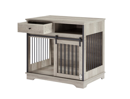 Sliding door dog crate with drawers. Grey,35.43" W x 23.62" D x 33.46" H