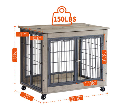 Furniture Dog Cage Crate with Double Doors on Casters. Grey, 31.50" W x 22.05" D x 24.8" H.