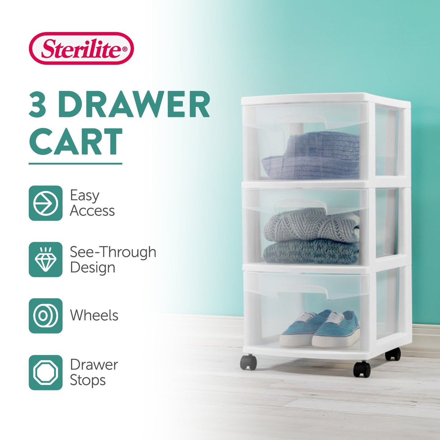 Sterilite 3 Drawer Storage Cart, Plastic Rolling Organizer with Wheels, 8 Pack
