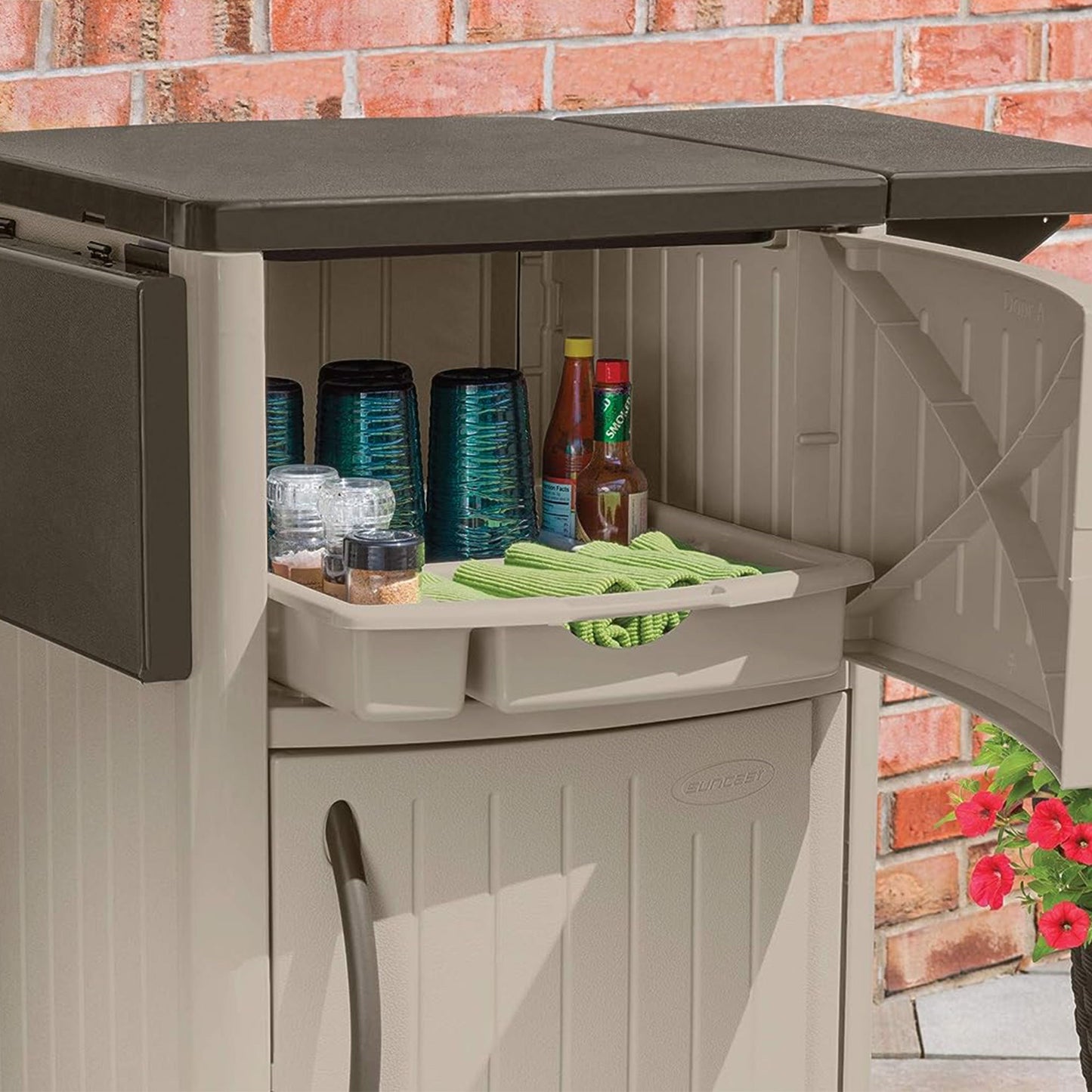 Suncast DCP2000 Portable Outdoor Patio Prep Serving Station Table and Cabinet