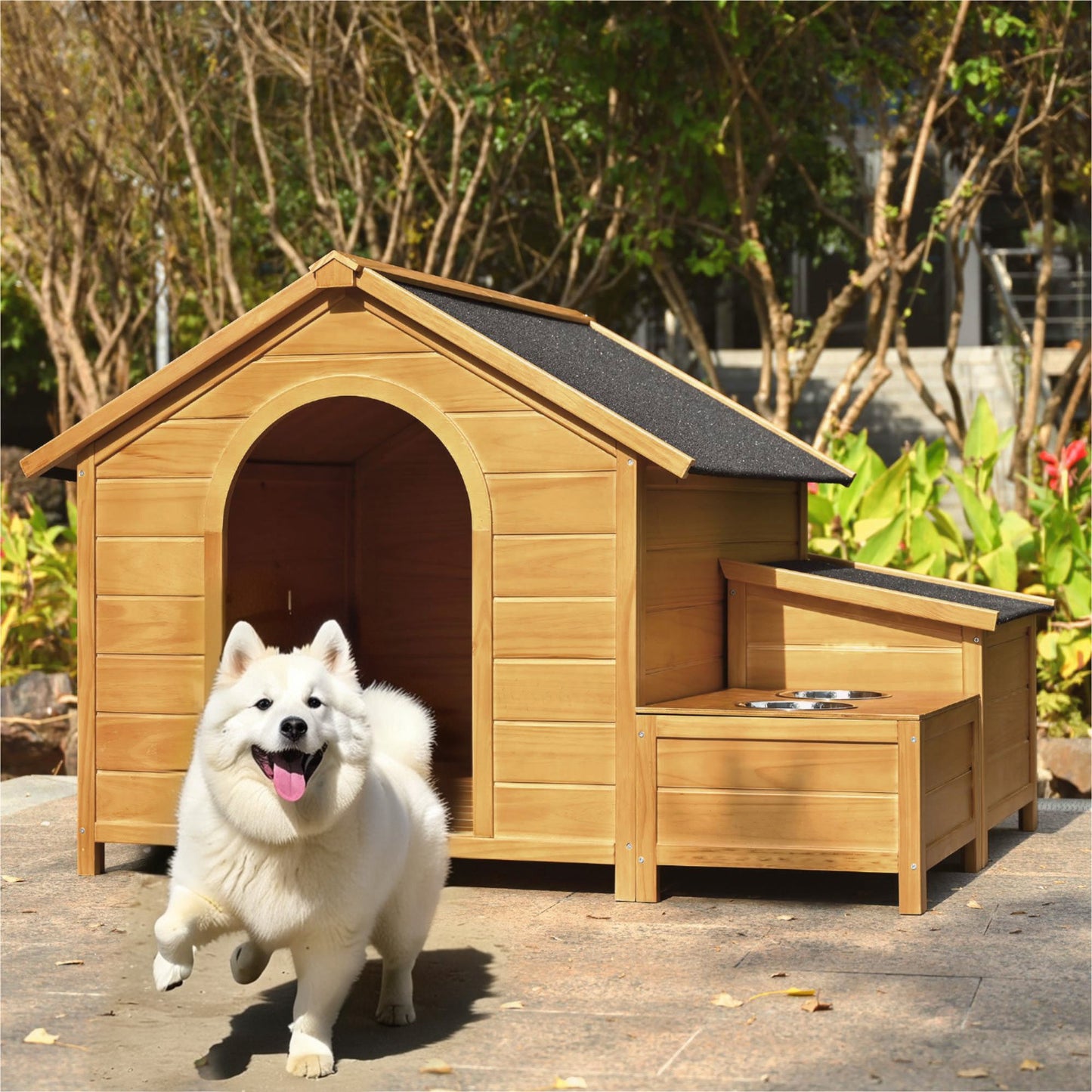 51.18" L x 43.7" W x 37" H Large Size Wooden Dog House, Dog Crate For large dog breeds, Cabin Style Raised Dog Shelter with Asphalt Roof, Solid Wood, Weatherproof, Nature