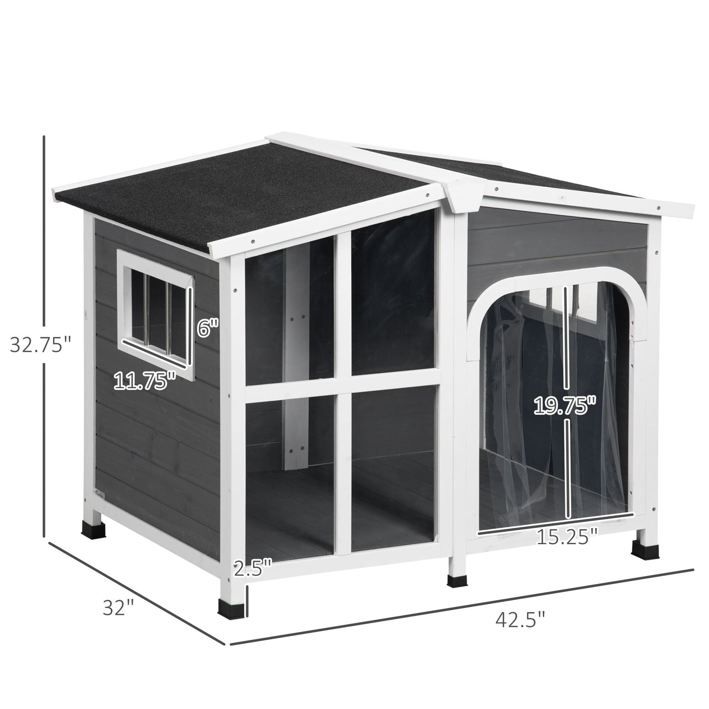 Cabin-Style Wooden Dog House for Large Dogs Outside with Openable Roof & Giant Window, Big Dog House Outdoor & Indoor, Asphalt Roof, Gray