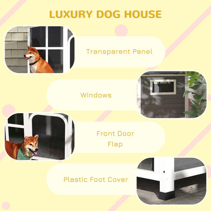 Cabin-Style Wooden Dog House for Large Dogs Outside with Openable Roof & Giant Window, Big Dog House Outdoor & Indoor, Asphalt Roof, Gray