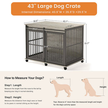 Furniture dog crate sliding iron door dog crate with mat. (Grey,43.7"W x 30"D x 33.7"H)