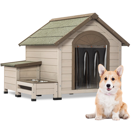 Outdoor fir wood dog house with an open roof ideal for small to medium dogs. With storage box, elevated feeding station with 2 bowls. Weatherproof asphalt roof and treated wood.