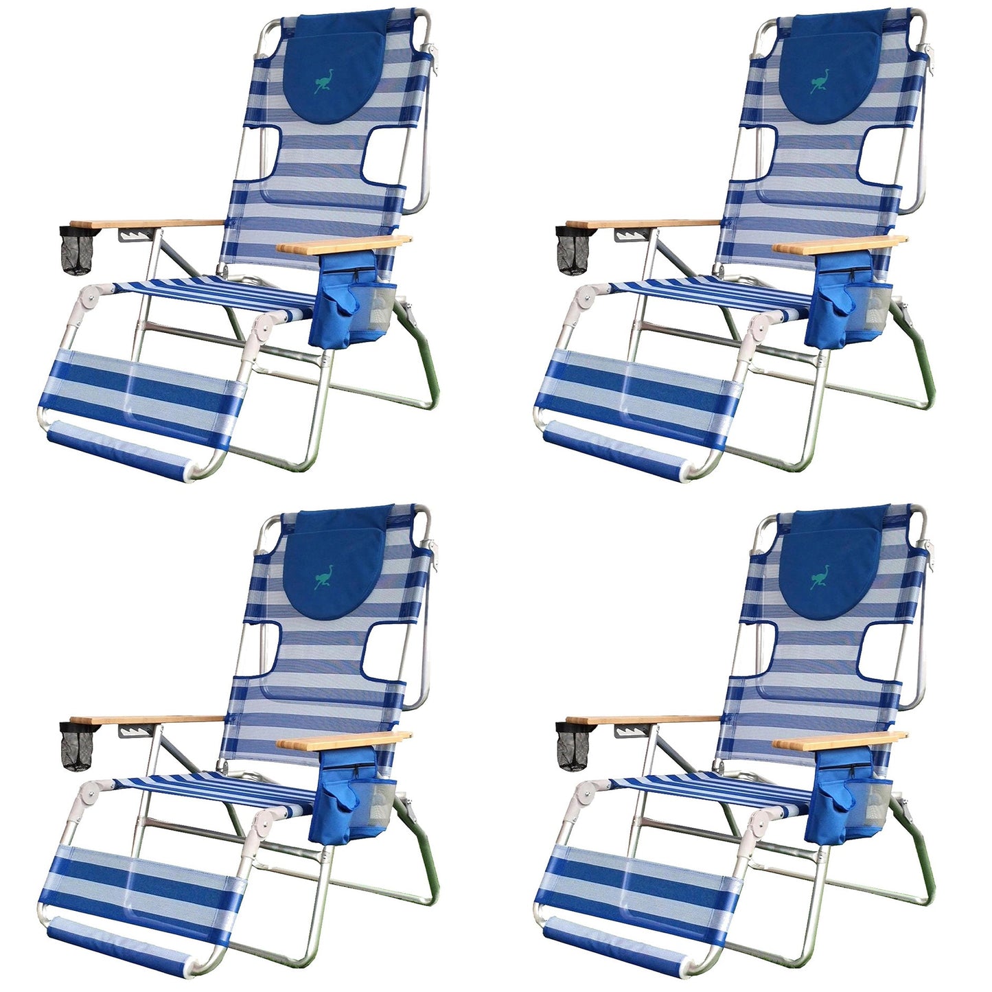 Ostrich 3-N-1 Altitude Outdoor Reclining Patio Beach Lounge Chair, Blue (4 Pack)