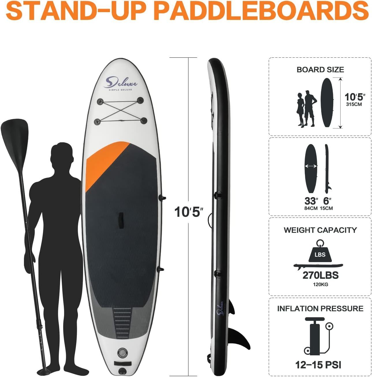 Inflatable Stand Up Paddle Board "Simple Deluxe Premium SUP for All Skill Levels, Paddle Boards for Youth & Adults, Blow Up Stand-Up Paddleboards with Accessories & Backpack, Surf Control, Black