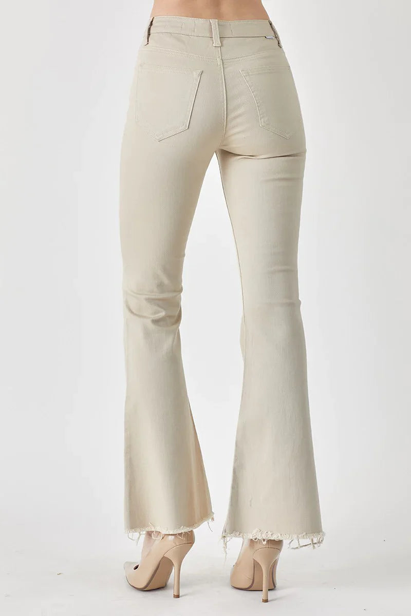 RISEN Mid-Rise Raw Hem Flare Jeans in Khaki (sz 9)