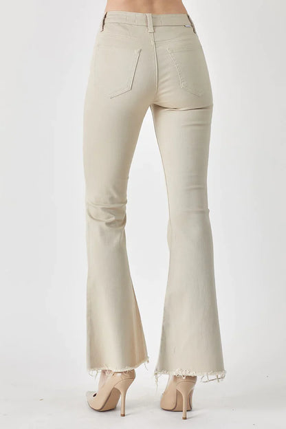 RISEN Mid-Rise Raw Hem Flare Jeans in Khaki (sz 9)