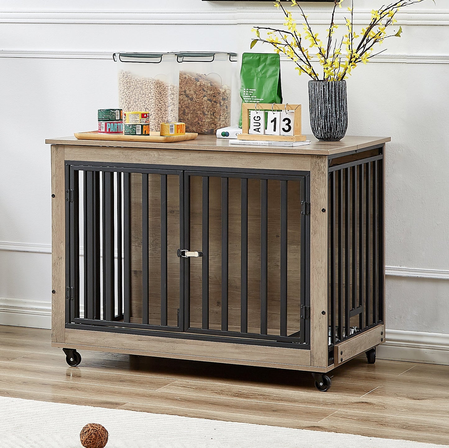 Furniture Style Dog Crate Side Table With Feeding Bowl, Wheels, Three Doors, Flip-Up Top Opening. Indoor, Grey, 38.58"W x 25.2"D x 27.17"H