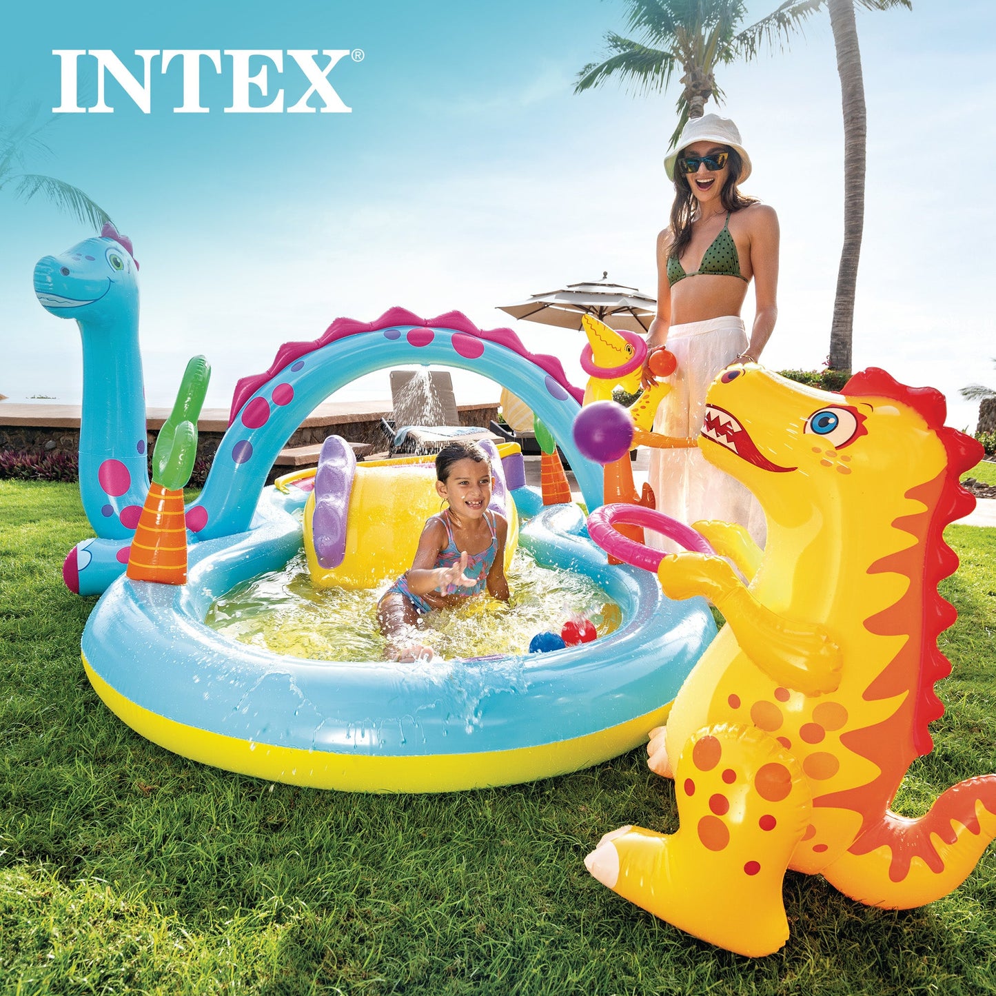 Intex 11ft x 7.5ft x 44in Dinoland Play Center Kiddie Inflatable Swimming Pool