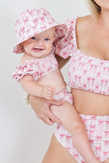 BOW CUTE DREAM SMOCKED OFF THE SHOULDER SWIM SUIT