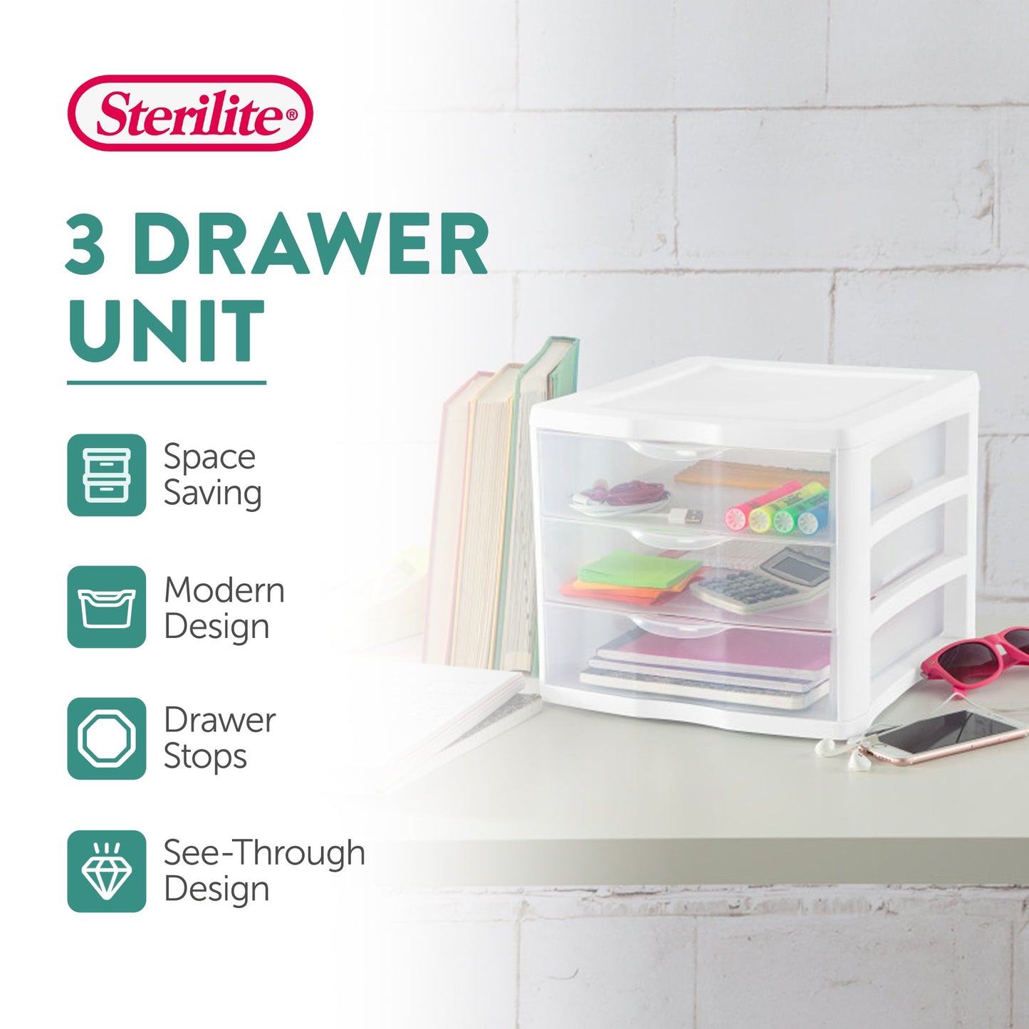 Sterilite ClearView Compact Stacking 3 Drawer Storage Organizer System, 16 Pack