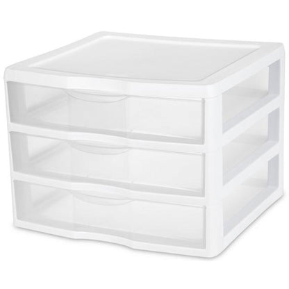 Sterilite Clear Plastic Stackable Small 3 Drawer Storage System, White, (12 Pack)