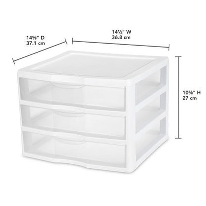 Sterilite Clear Plastic Stackable Small 3 Drawer Storage System, White, (12 Pack)