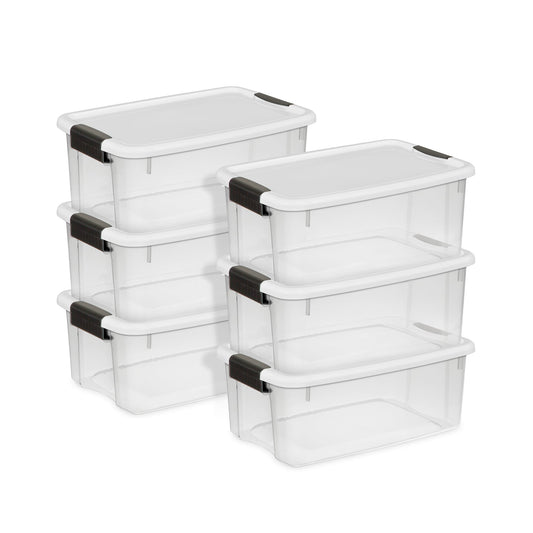Sterilite 18 Qt Clear Plastic Stackable Storage Bin w/ White Latch Lid, (6 Pack)