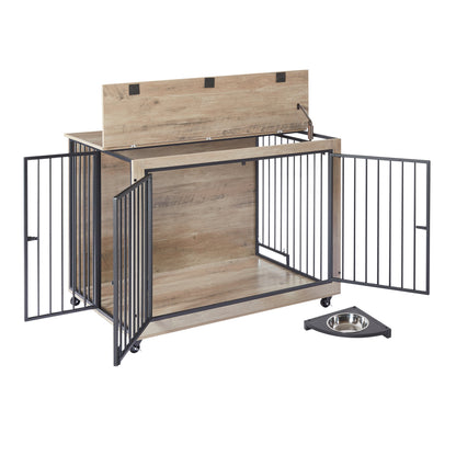 Furniture Style Dog Crate Side Table With Rotatable Feeding Bowl, Wheels, Three Doors, Flip-Up Top Opening. Indoor, Grey, 43.7"W x 30"D x 33.7"H