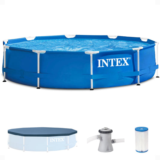 INTEX Metal Frame 10' x 30" Outdoor Swimming Pool with Filter Pump and Cover