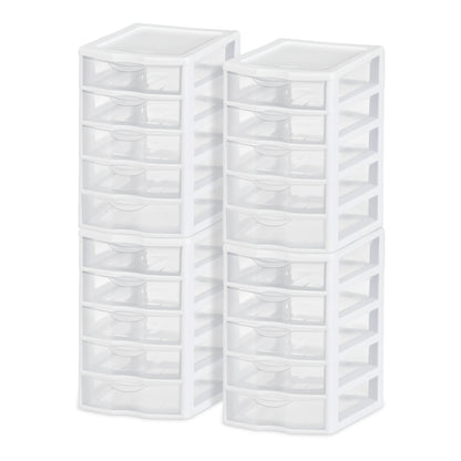 Sterilite Clearview Small Plastic 5 Drawer Desktop Storage System, 4 Pack, White