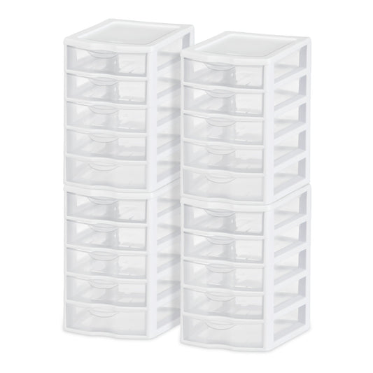 Sterilite Clearview Small Plastic 5 Drawer Desktop Storage System, 4 Pack, White