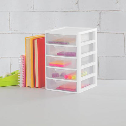 Sterilite Clearview Small Plastic 5 Drawer Desktop Storage System, 4 Pack, White