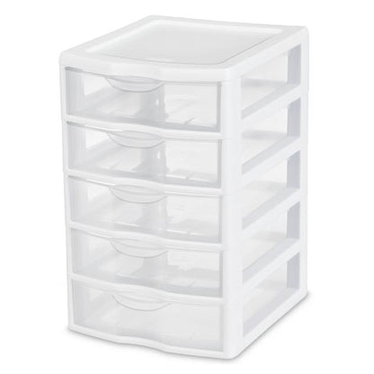 Sterilite Clearview Small Plastic 5 Drawer Desktop Storage System, 4 Pack, White