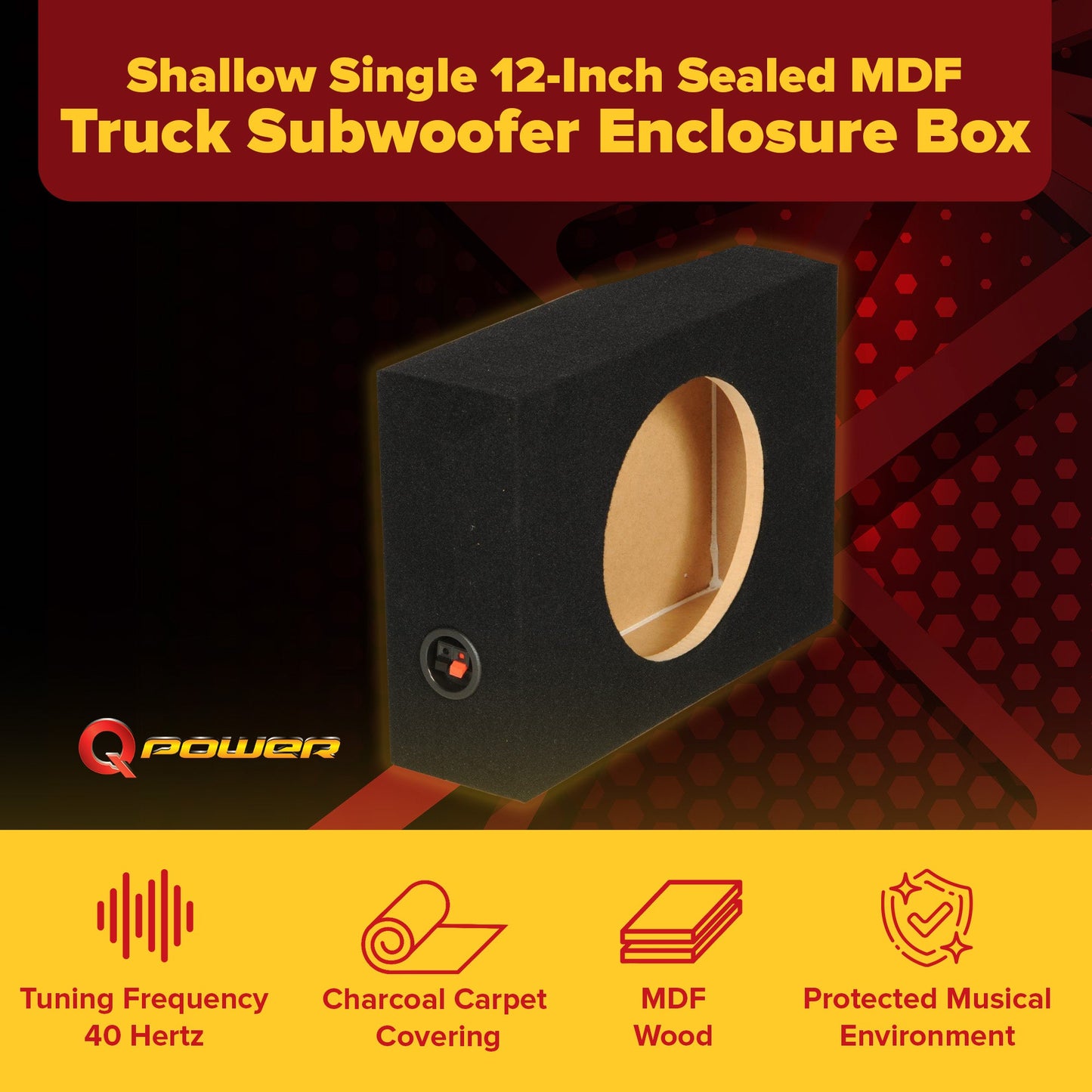 Q Power Shallow Single 12 In Sealed MDF Truck Subwoofer Enclosure Box, Charcoal