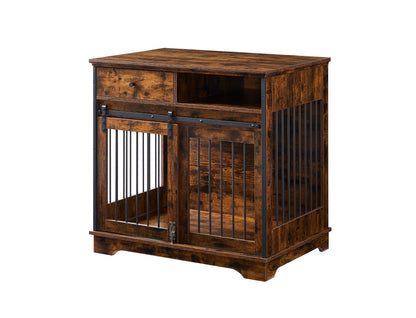 Sliding door dog crate with drawers. Rustic Brown, 35.43" W x 23.62" D x 33.46" H